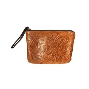 Patricia Nash Floral Embossed Brown Leather Zip Purse Clutch Ristlet